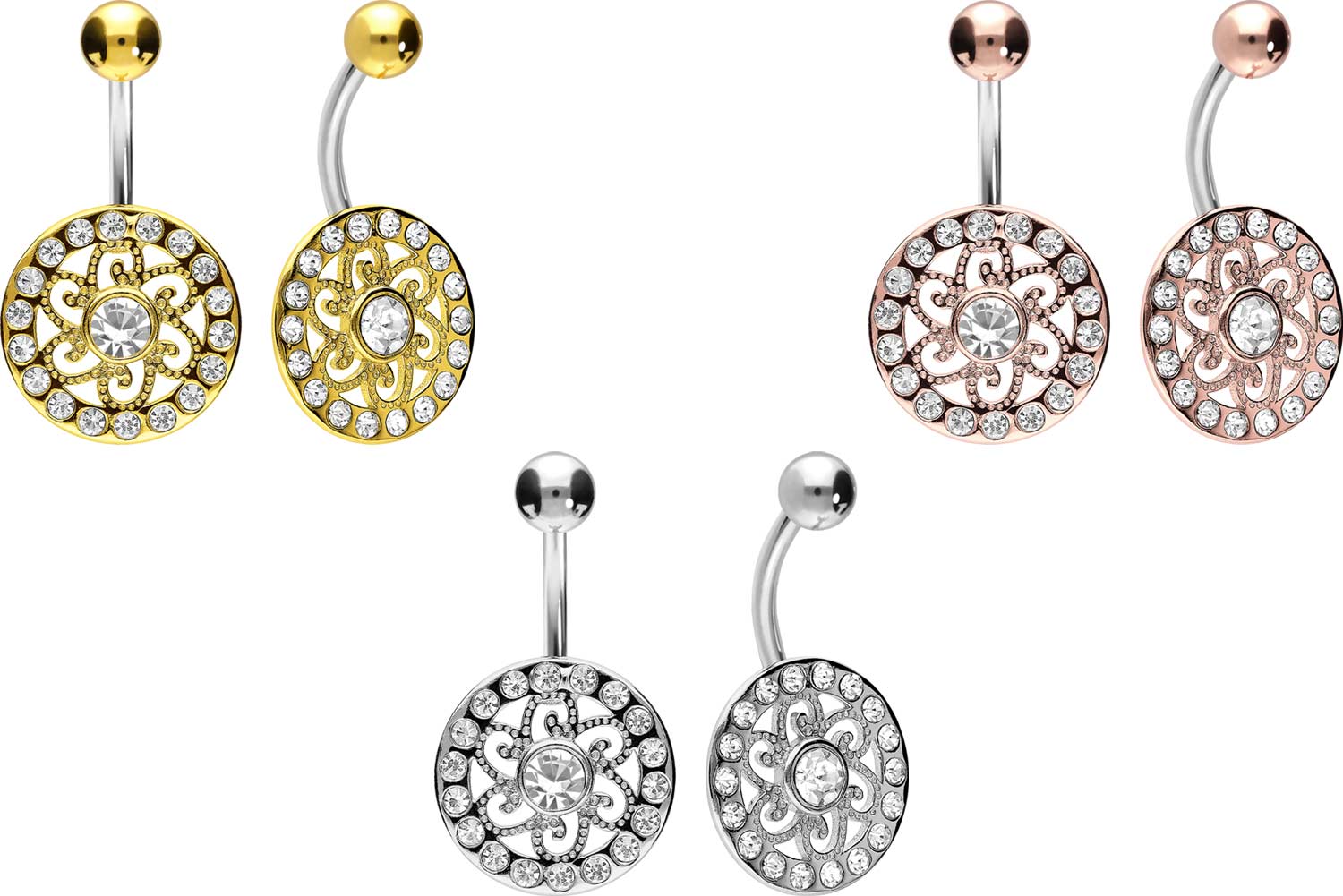 Piercing Nombril Bananabell Argent 925 Avec Mandala Doré Rose - Titane - 1.6mm X 10mm